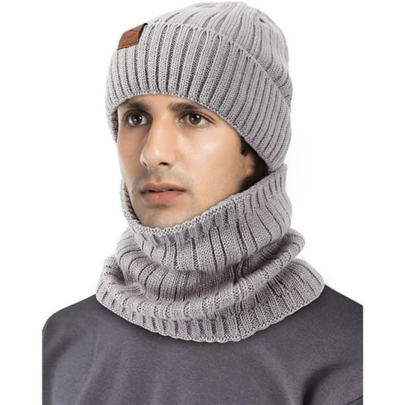 Other - Warm Fleece Lined Knit Skull Cap Neck Warmer Set Solid Light Grey